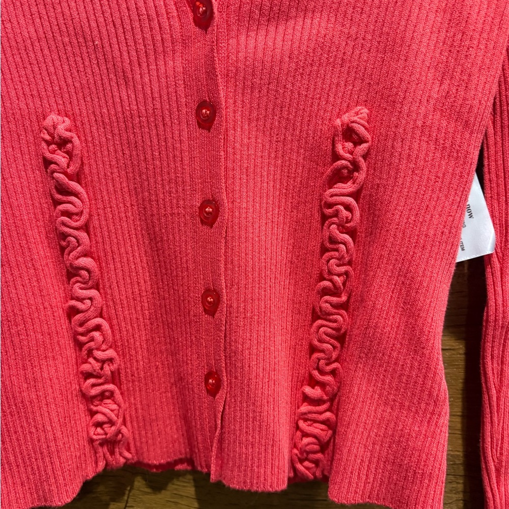 V-Neck Ruffle Trim Ribbed Cardigan - Coral Red - Picture 5 of 8